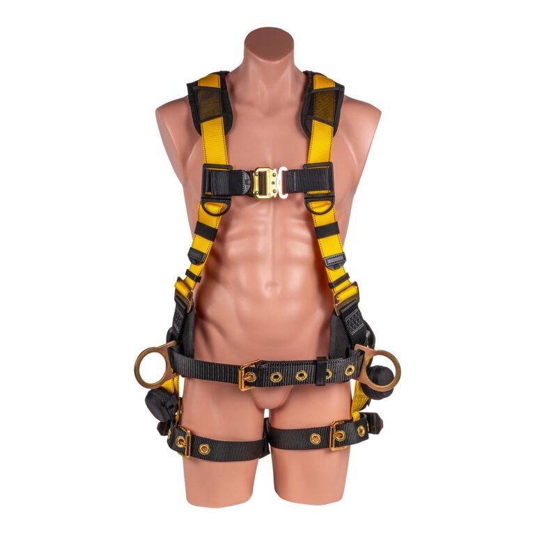LSD Safety 5 pt. Full Body Harness with H-Style Tongue Buckle Legs and Quick Connect Chest, Trauma Relief Straps, Padded Construction Belt with Side D-rings, and Shoulder/Back Pads